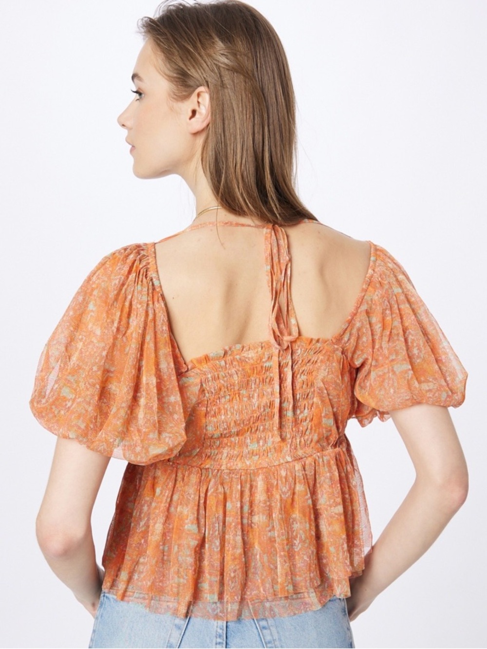 Free People Orange Floral Square-Neck Puff Sleeve Penelope Top - Picture 2 of 9